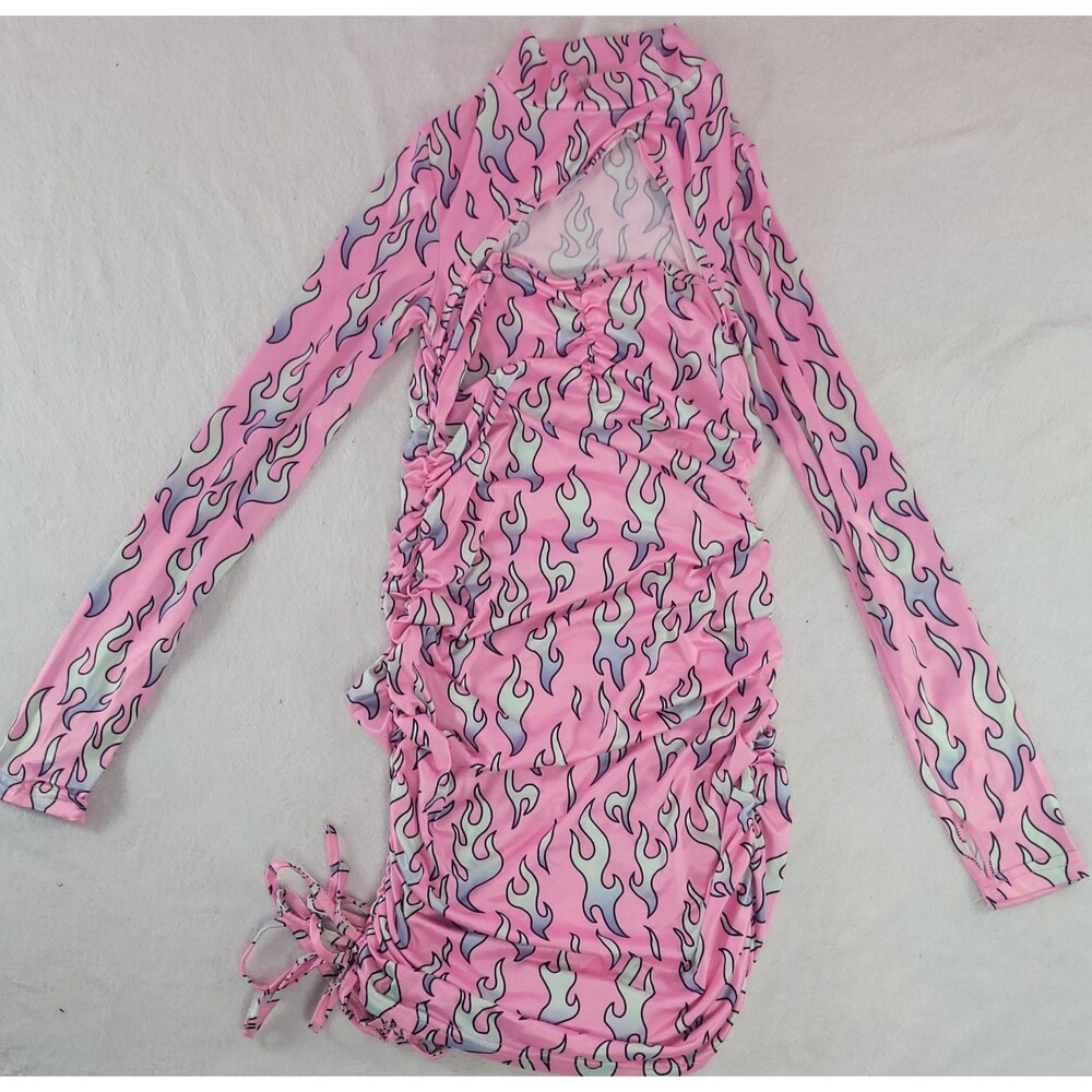 Pink Flame Fire Print Long Sleeve Bodycon Mini Dress Clubwear Festival Large L